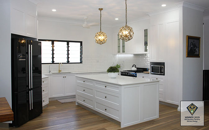 Award winning modern kitchen with Smartstone 'Statuario Venato' stone benchtops, butler's pantry and glass splashback.