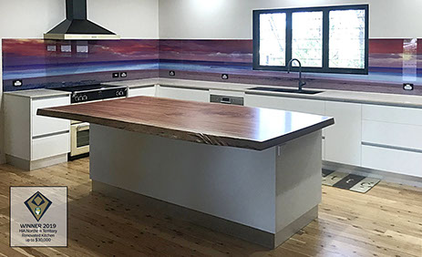 Award winning modern kitchen with Smartstone 'Statuario Venato' stone benchtops, butler's pantry and glass splashback.