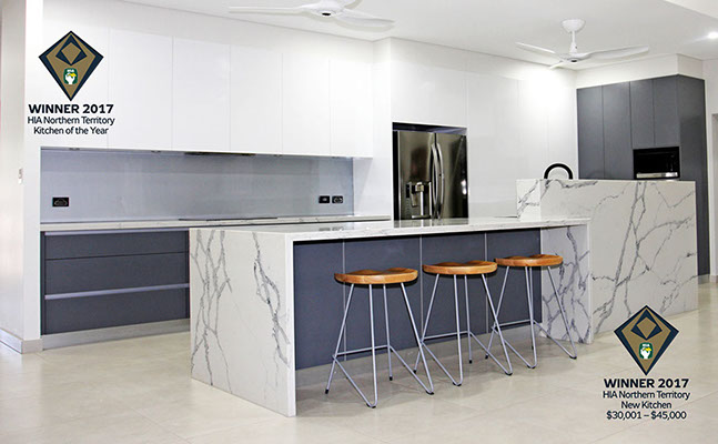 Award winning modern kitchen with Smartstone 'Statuario Venato' stone benchtops, butler's pantry and glass splashback.